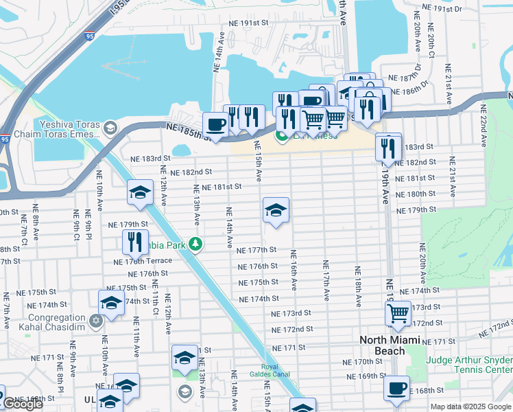 map of restaurants, bars, coffee shops, grocery stores, and more near 1500 Northeast 180th Street in North Miami Beach