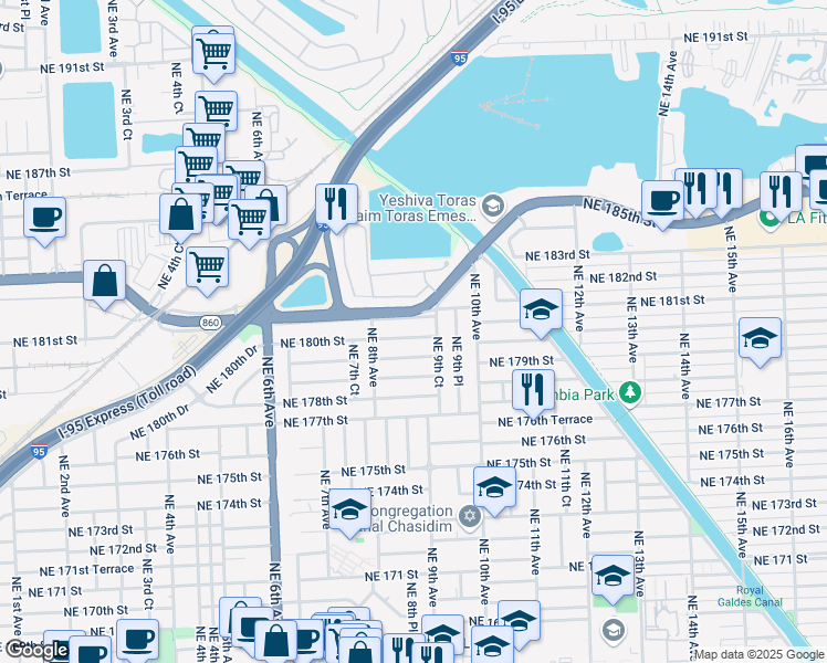 map of restaurants, bars, coffee shops, grocery stores, and more near in North Miami Beach