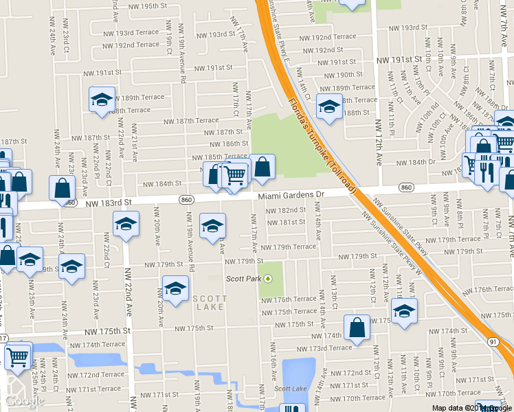 map of restaurants, bars, coffee shops, grocery stores, and more near 18215 Northwest 17th Avenue in Miami Gardens