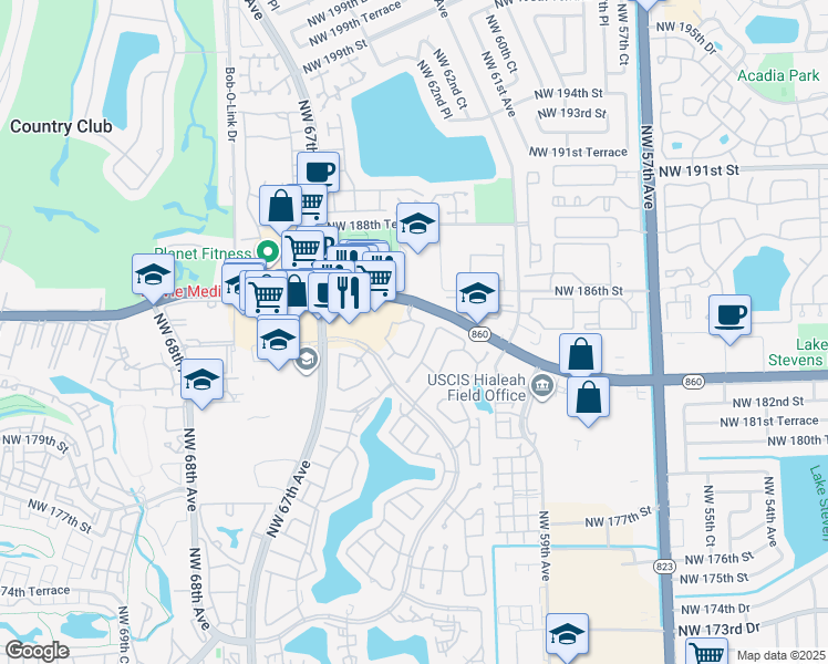 map of restaurants, bars, coffee shops, grocery stores, and more near 6284 Northwest 186th Street in Hialeah