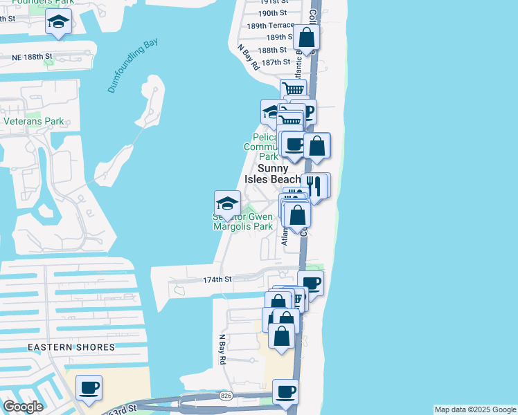 map of restaurants, bars, coffee shops, grocery stores, and more near 200 178th Drive in Sunny Isles Beach