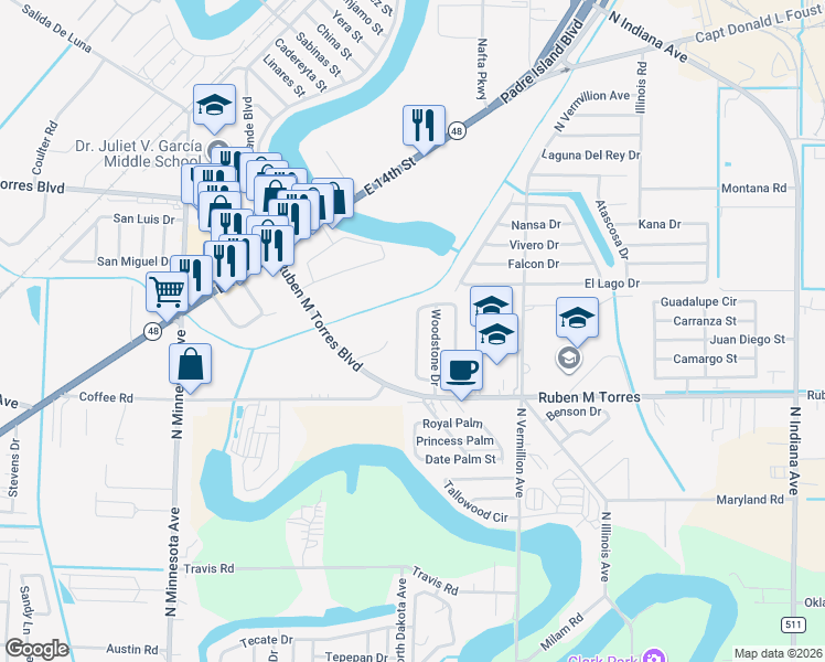 map of restaurants, bars, coffee shops, grocery stores, and more near 2408 Autumn Sage Drive in Brownsville