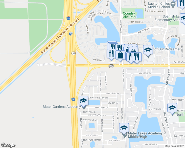 map of restaurants, bars, coffee shops, grocery stores, and more near 18460 Northwest 91st Court in Hialeah