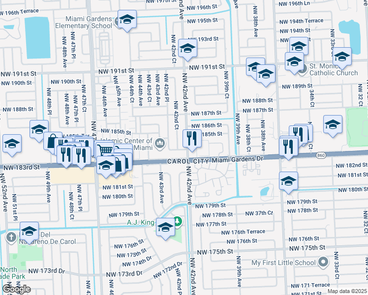map of restaurants, bars, coffee shops, grocery stores, and more near 400 Northwest 183rd Terrace in Miami Gardens