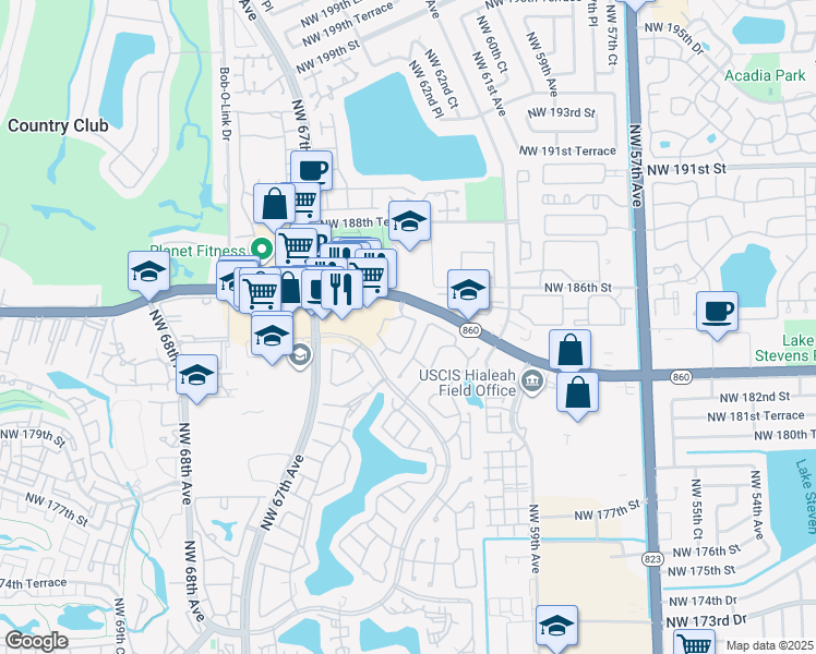 map of restaurants, bars, coffee shops, grocery stores, and more near 6284 Northwest 186th Street in Hialeah