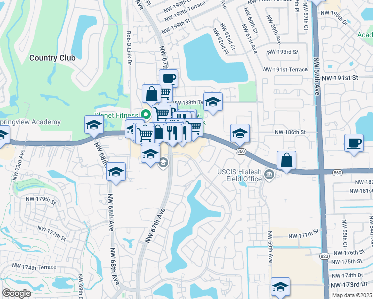 map of restaurants, bars, coffee shops, grocery stores, and more near 6536 Northwest 186th Street in Hialeah