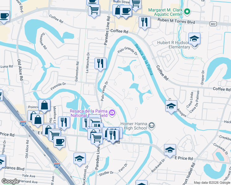 map of restaurants, bars, coffee shops, grocery stores, and more near 34 Palo Alto Drive in Brownsville