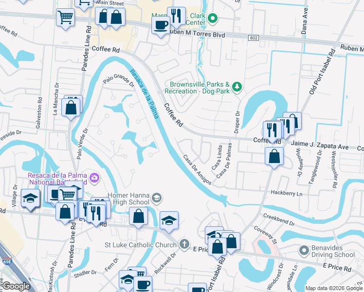 map of restaurants, bars, coffee shops, grocery stores, and more near 45 Casa De Amigos in Brownsville