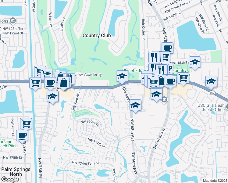 map of restaurants, bars, coffee shops, grocery stores, and more near 18338 Northwest 68th Avenue in Hialeah