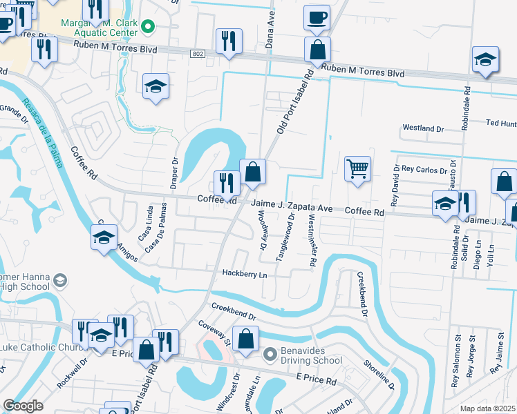 map of restaurants, bars, coffee shops, grocery stores, and more near 1995 Woodway Drive in Brownsville