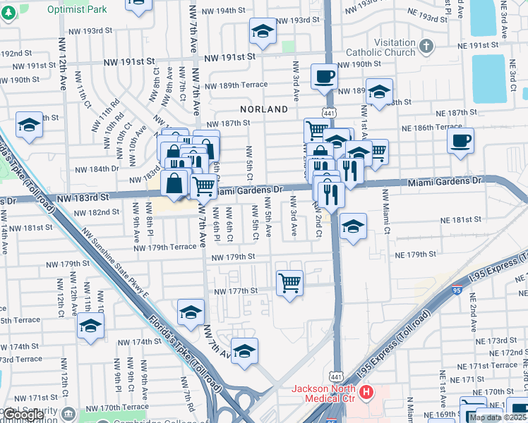 map of restaurants, bars, coffee shops, grocery stores, and more near 18120 Northwest 5th Avenue in Miami