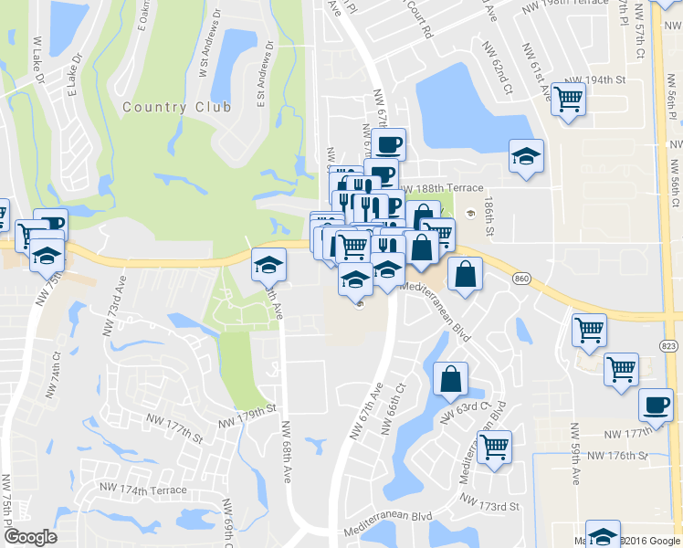 map of restaurants, bars, coffee shops, grocery stores, and more near 17363 Bobolink Drive in Hialeah