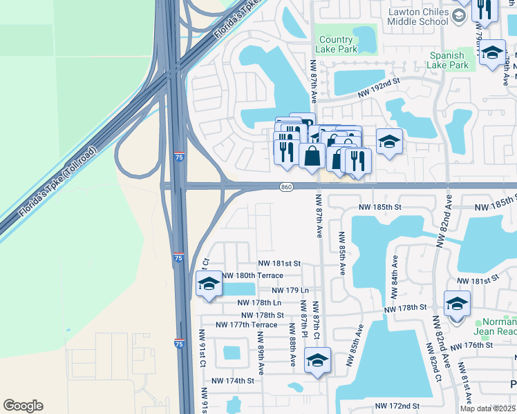 map of restaurants, bars, coffee shops, grocery stores, and more near 8860 Northwest 185th Street in Hialeah