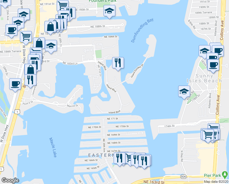 map of restaurants, bars, coffee shops, grocery stores, and more near 4100 Island Boulevard in Aventura