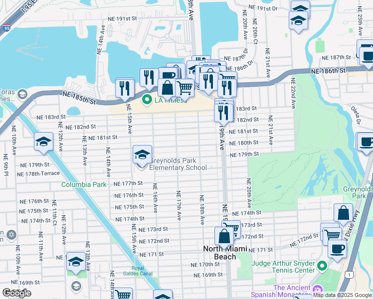 map of restaurants, bars, coffee shops, grocery stores, and more near 1740 Northeast 180th Street in North Miami Beach