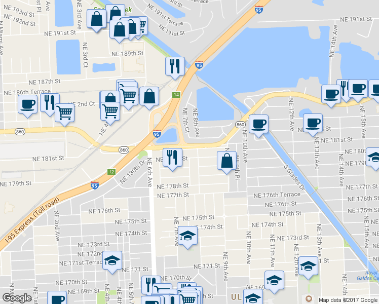 map of restaurants, bars, coffee shops, grocery stores, and more near 750 Northeast 181st Street in Miami