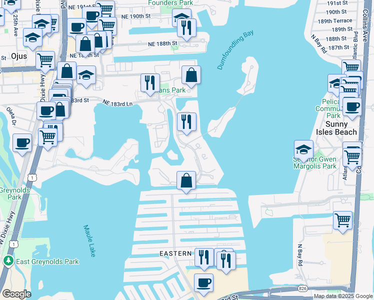 map of restaurants, bars, coffee shops, grocery stores, and more near 4100 Island Boulevard in Aventura