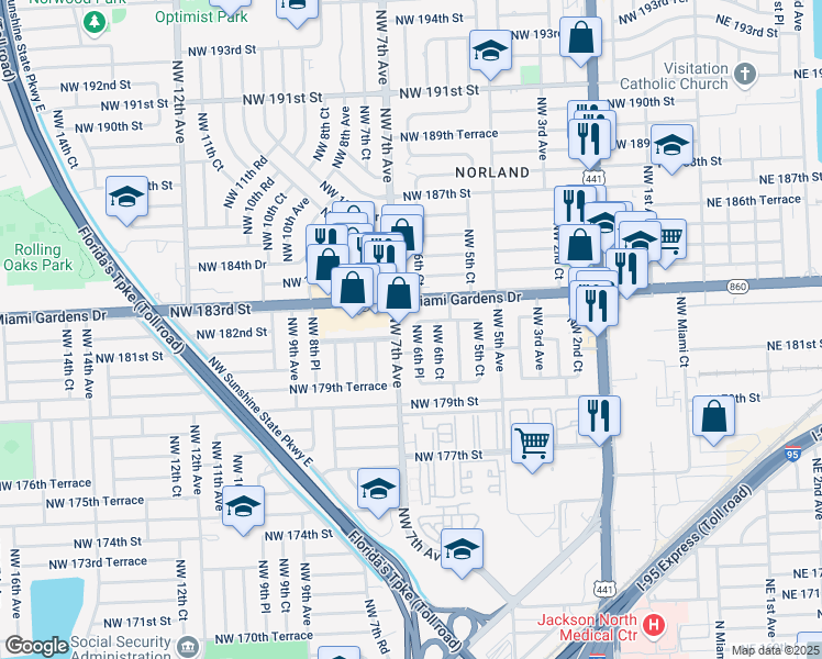 map of restaurants, bars, coffee shops, grocery stores, and more near 18200 Northwest 6th Place in Miami