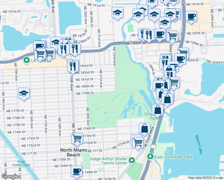 map of restaurants, bars, coffee shops, grocery stores, and more near 2173 Northeast 179th Street in North Miami Beach