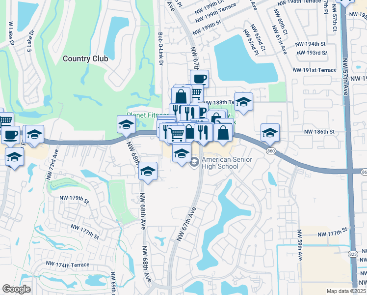map of restaurants, bars, coffee shops, grocery stores, and more near 18484 Northwest 67th Avenue in Miami Gardens