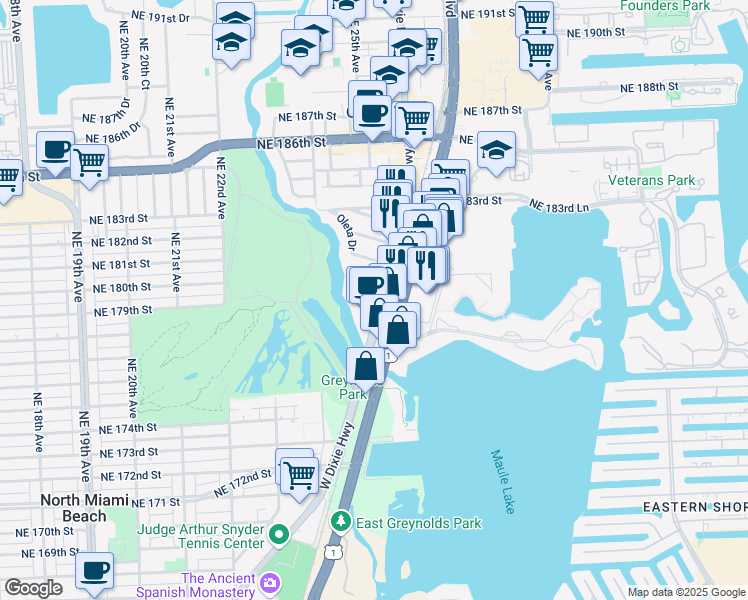 map of restaurants, bars, coffee shops, grocery stores, and more near 17801 West Dixie Highway in North Miami Beach