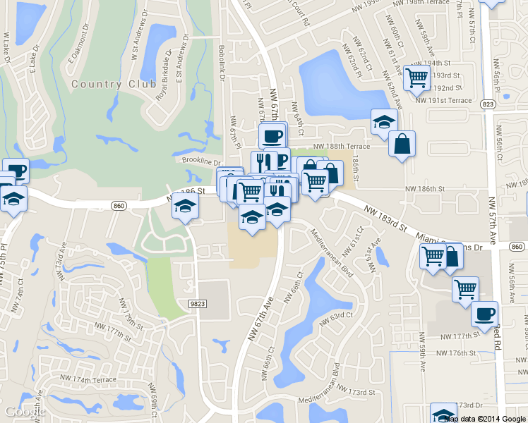 map of restaurants, bars, coffee shops, grocery stores, and more near 18452 - 18538 Northwest 67th Avenue in Country Club