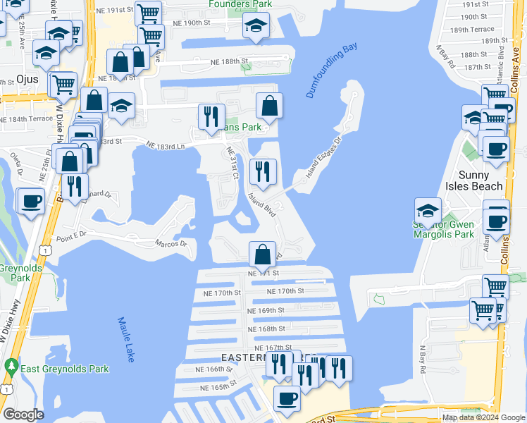 map of restaurants, bars, coffee shops, grocery stores, and more near 4100 Island Boulevard in Aventura