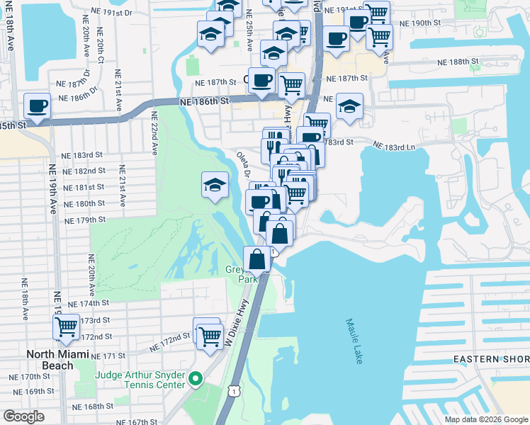 map of restaurants, bars, coffee shops, grocery stores, and more near 17801 West Dixie Highway in North Miami Beach