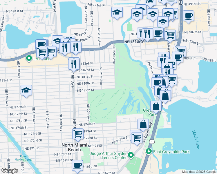 map of restaurants, bars, coffee shops, grocery stores, and more near 2173 Northeast 179th Street in North Miami Beach