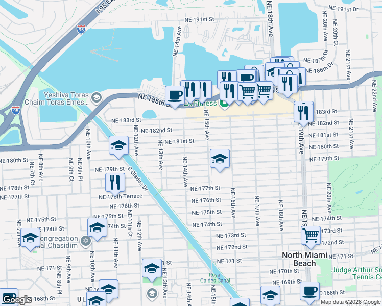 map of restaurants, bars, coffee shops, grocery stores, and more near 1440 Northeast 180th Street in North Miami Beach