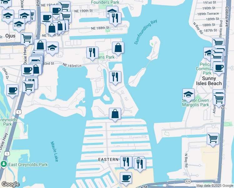 map of restaurants, bars, coffee shops, grocery stores, and more near 4100 Island Boulevard in Aventura