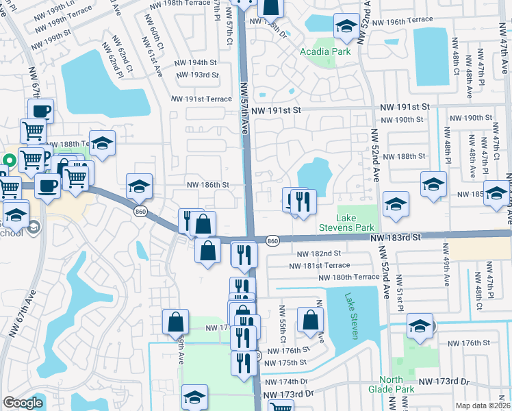 map of restaurants, bars, coffee shops, grocery stores, and more near 18410 Northwest 56th Place in Miami Gardens