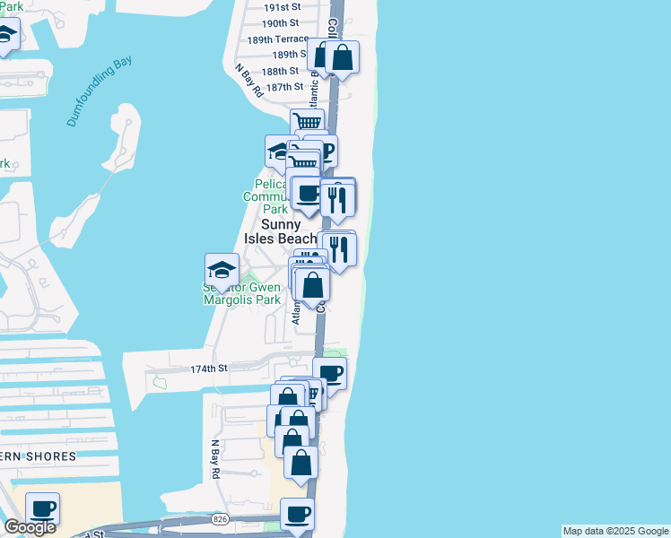 map of restaurants, bars, coffee shops, grocery stores, and more near in Sunny Isles Beach