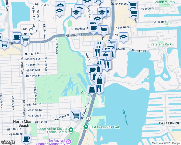 map of restaurants, bars, coffee shops, grocery stores, and more near 17890 West Dixie Highway in Aventura