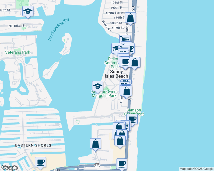 map of restaurants, bars, coffee shops, grocery stores, and more near 17700 North Bay Road in Sunny Isles Beach