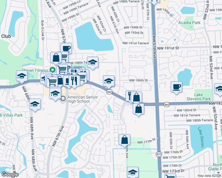 map of restaurants, bars, coffee shops, grocery stores, and more near in Miami Gardens