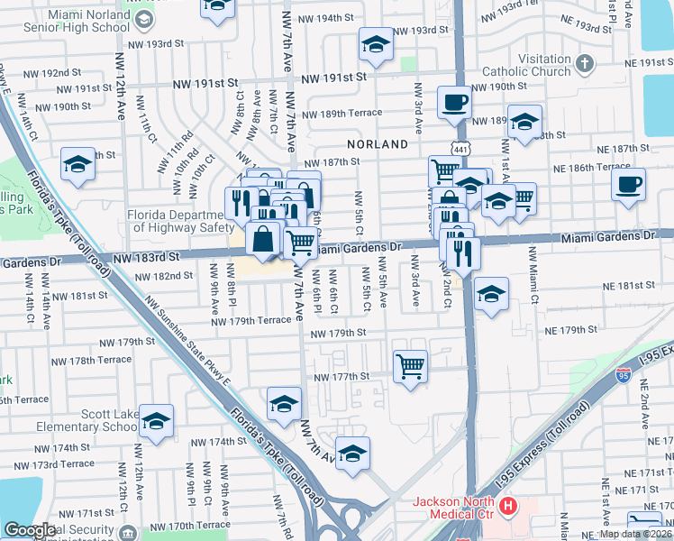 map of restaurants, bars, coffee shops, grocery stores, and more near 18120 Northwest 6th Avenue in Miami