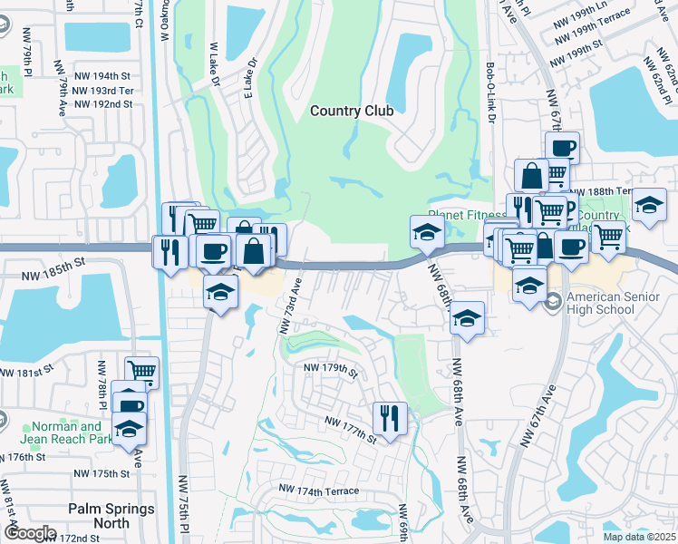 map of restaurants, bars, coffee shops, grocery stores, and more near 6970 Northwest 186th Street in Hialeah