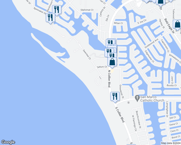 map of restaurants, bars, coffee shops, grocery stores, and more near 500 Saturn Court in Marco Island