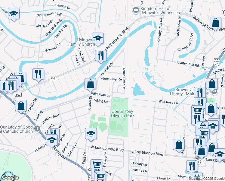 map of restaurants, bars, coffee shops, grocery stores, and more near 1008 French River Drive in Brownsville
