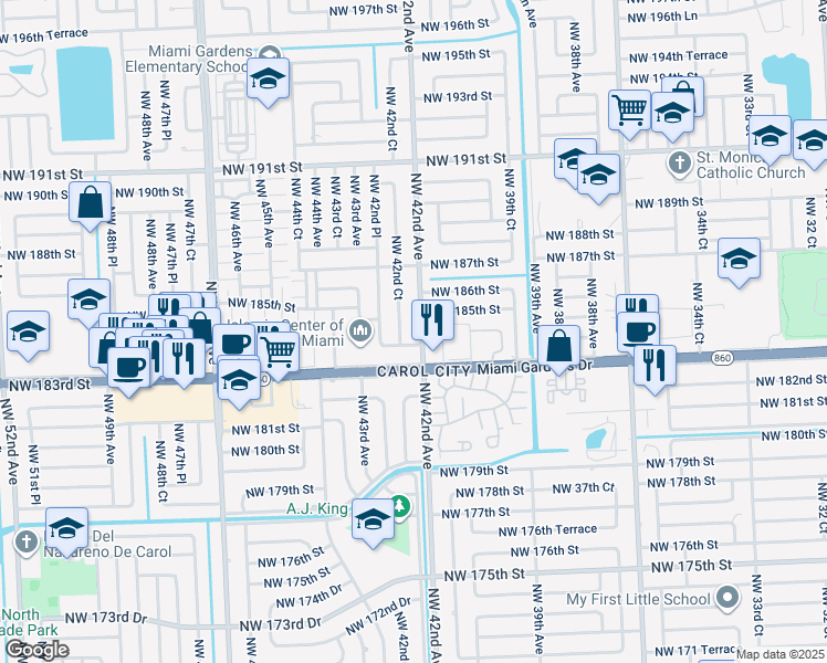 map of restaurants, bars, coffee shops, grocery stores, and more near 400 Northwest 183rd Terrace in Miami Gardens