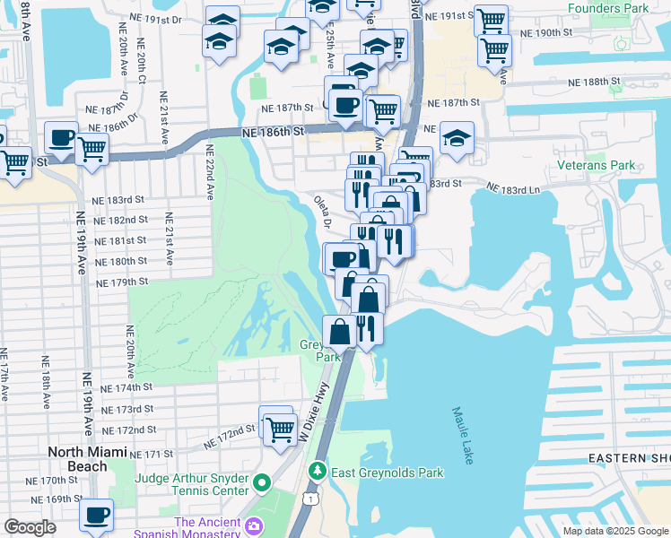 map of restaurants, bars, coffee shops, grocery stores, and more near 17890 West Dixie Highway in Aventura