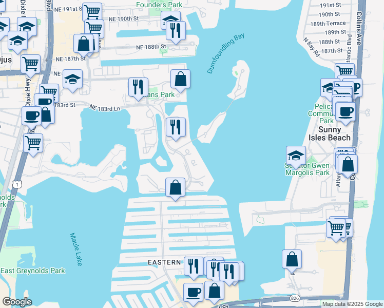 map of restaurants, bars, coffee shops, grocery stores, and more near 3000 Island Boulevard in Aventura