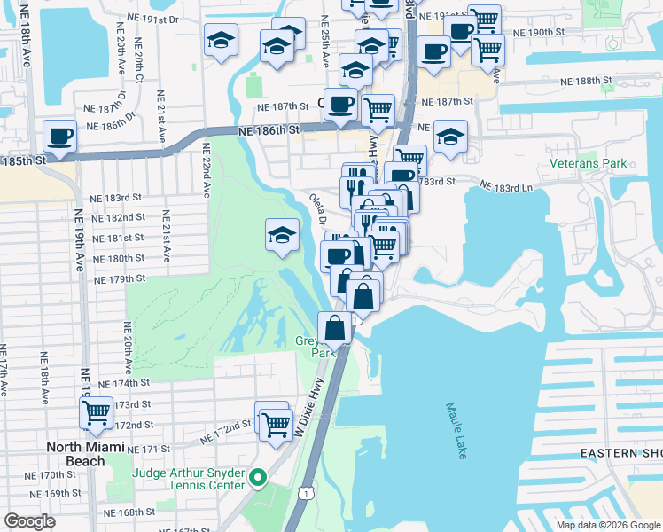 map of restaurants, bars, coffee shops, grocery stores, and more near 17890 West Dixie Highway in Aventura