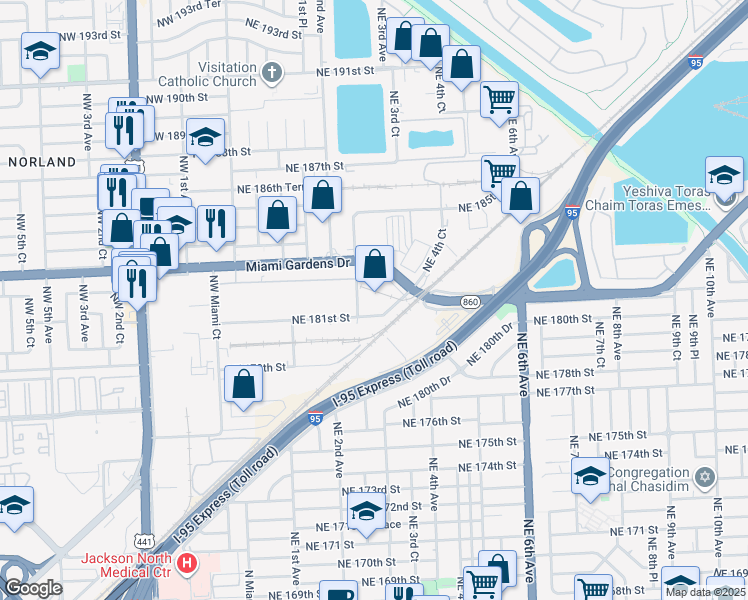 map of restaurants, bars, coffee shops, grocery stores, and more near 18101 Northeast 2nd Court in Miami