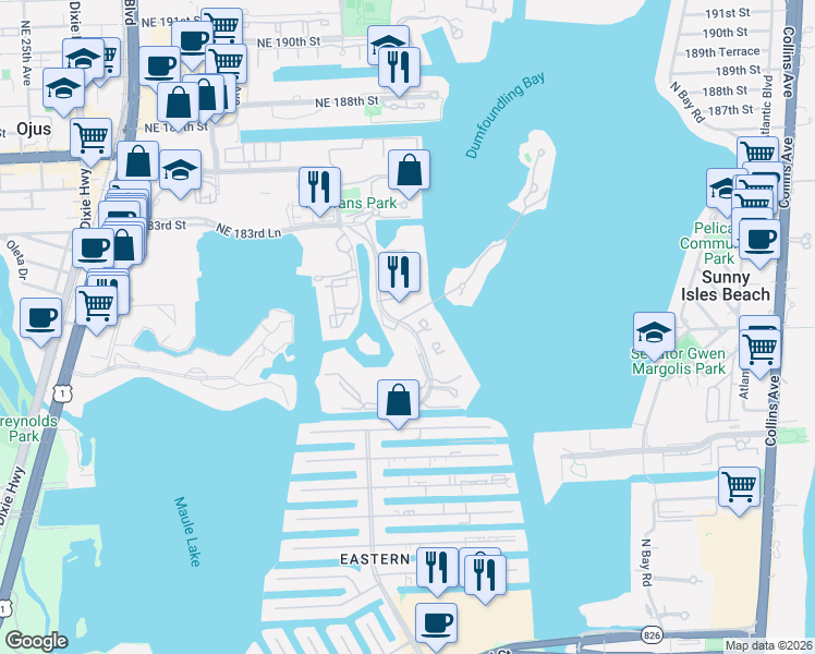map of restaurants, bars, coffee shops, grocery stores, and more near 4100 Island Boulevard in Aventura
