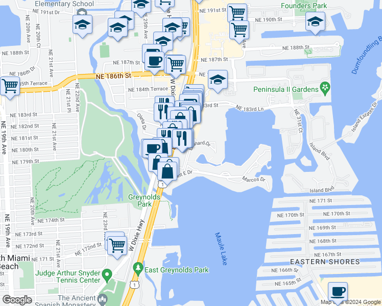 map of restaurants, bars, coffee shops, grocery stores, and more near 2859 Leonard Drive in Aventura