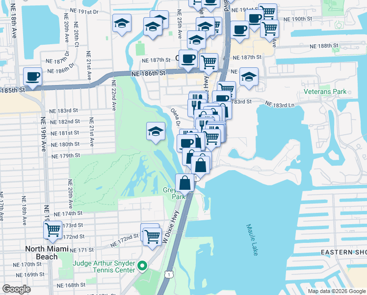 map of restaurants, bars, coffee shops, grocery stores, and more near 17890 West Dixie Highway in Aventura