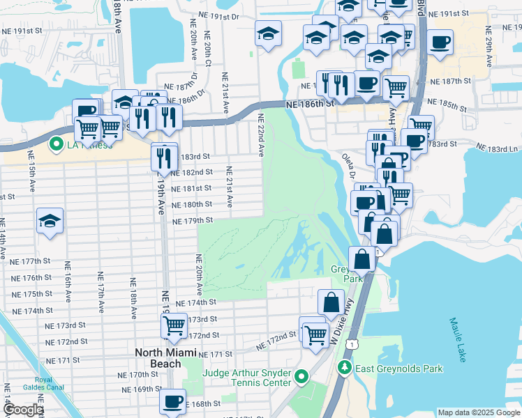 map of restaurants, bars, coffee shops, grocery stores, and more near 2173 Northeast 179th Street in North Miami Beach