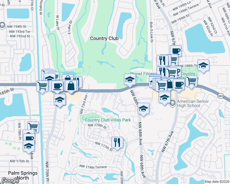 map of restaurants, bars, coffee shops, grocery stores, and more near in Country Club